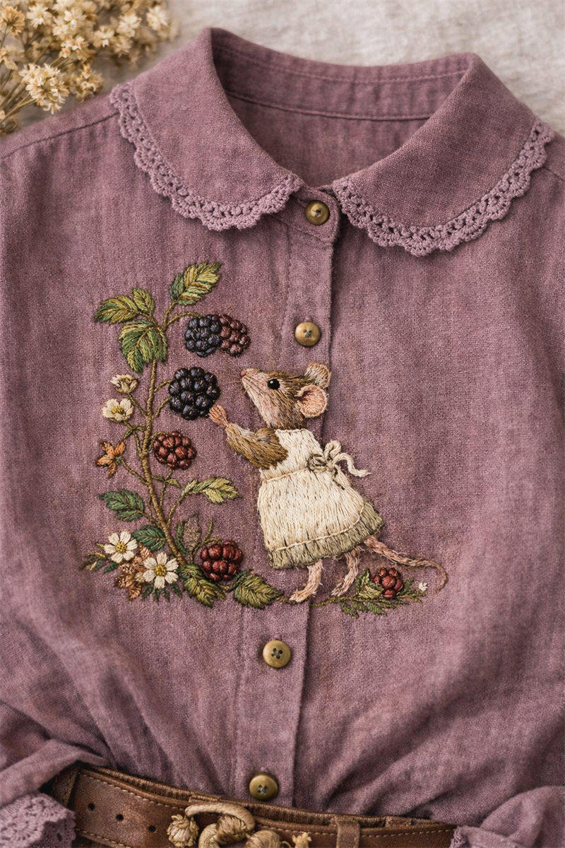 90s Purple Romantic Nakışlı Gömlek/Bluz