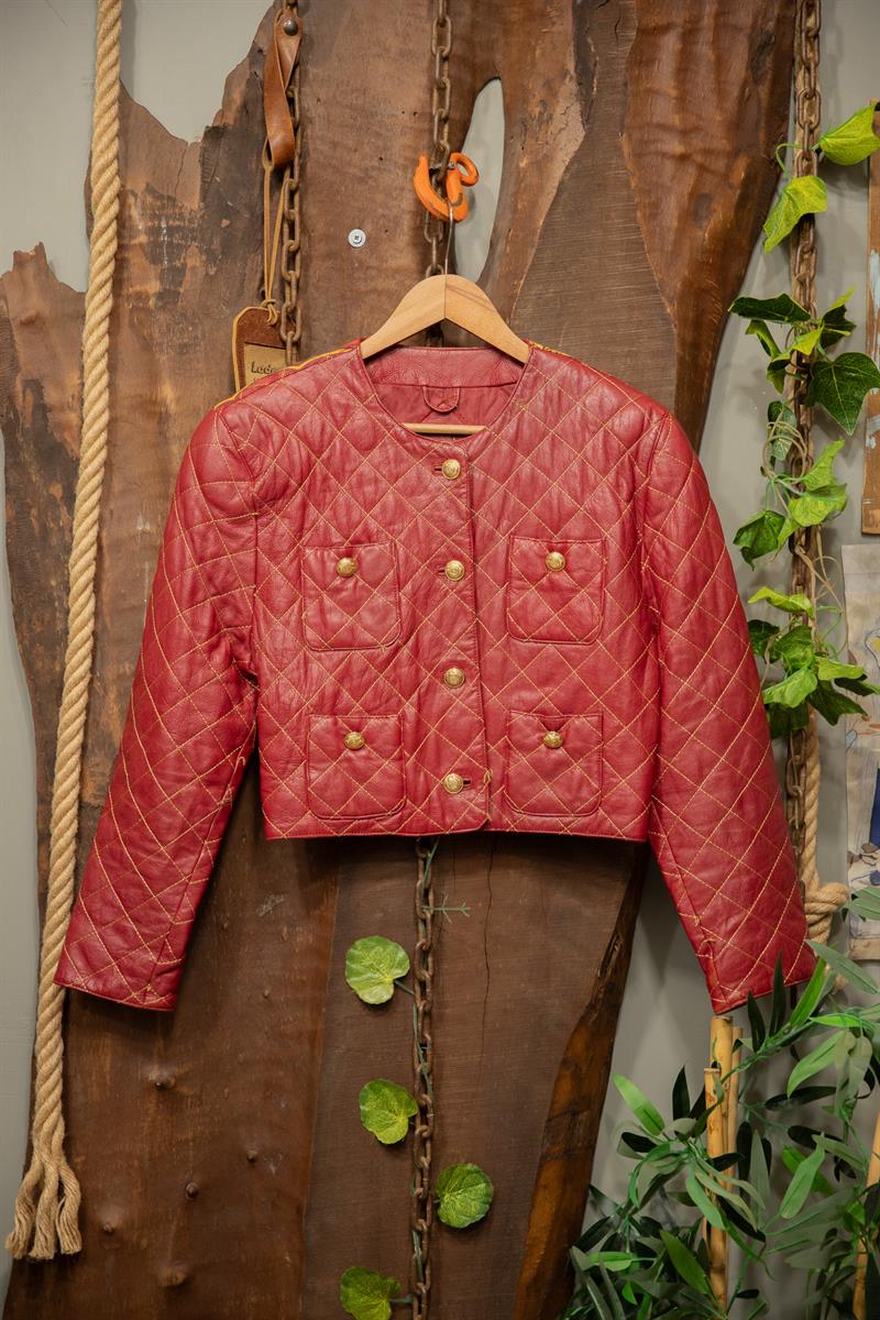 90s Red Quilted Kabartma Deri Ceket