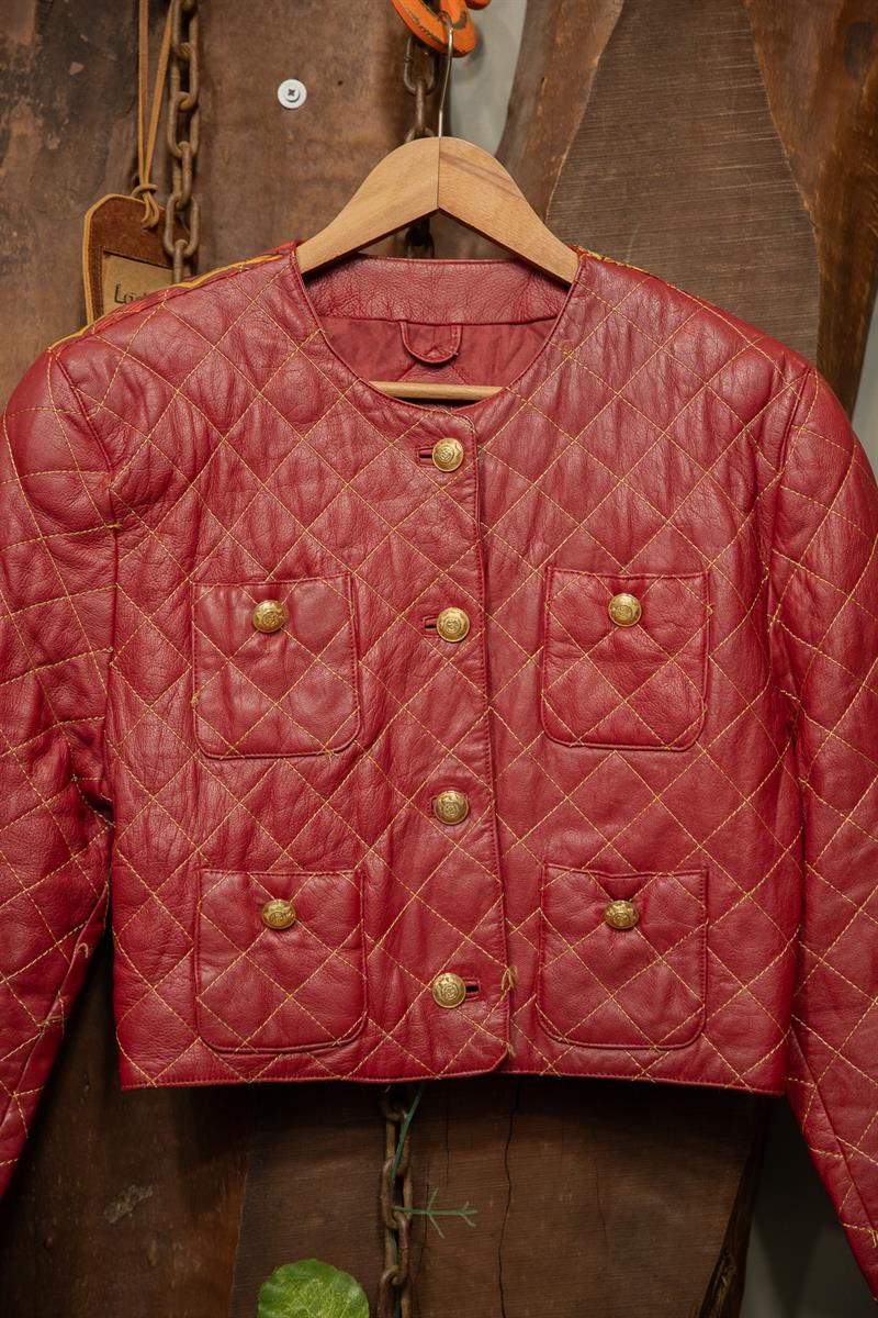 90s Red Quilted Kabartma Deri Ceket