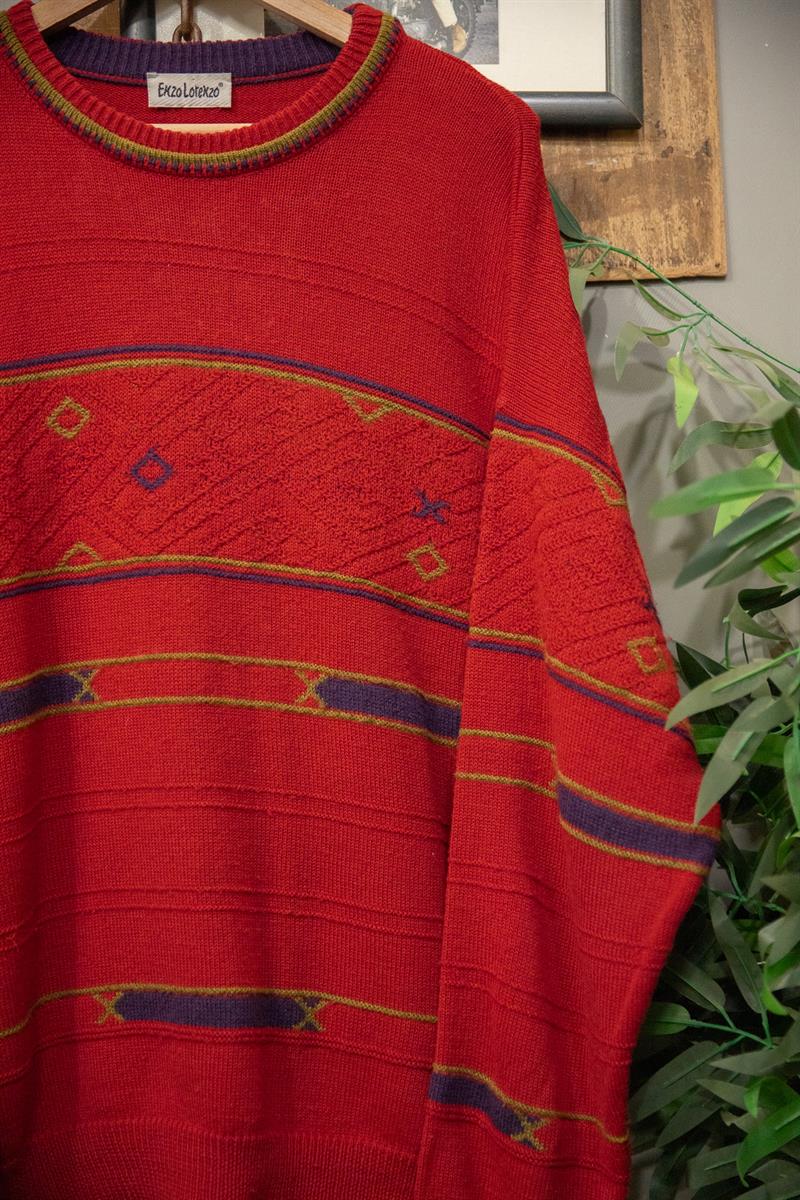 90s Red Tribal Sweater-Kazak