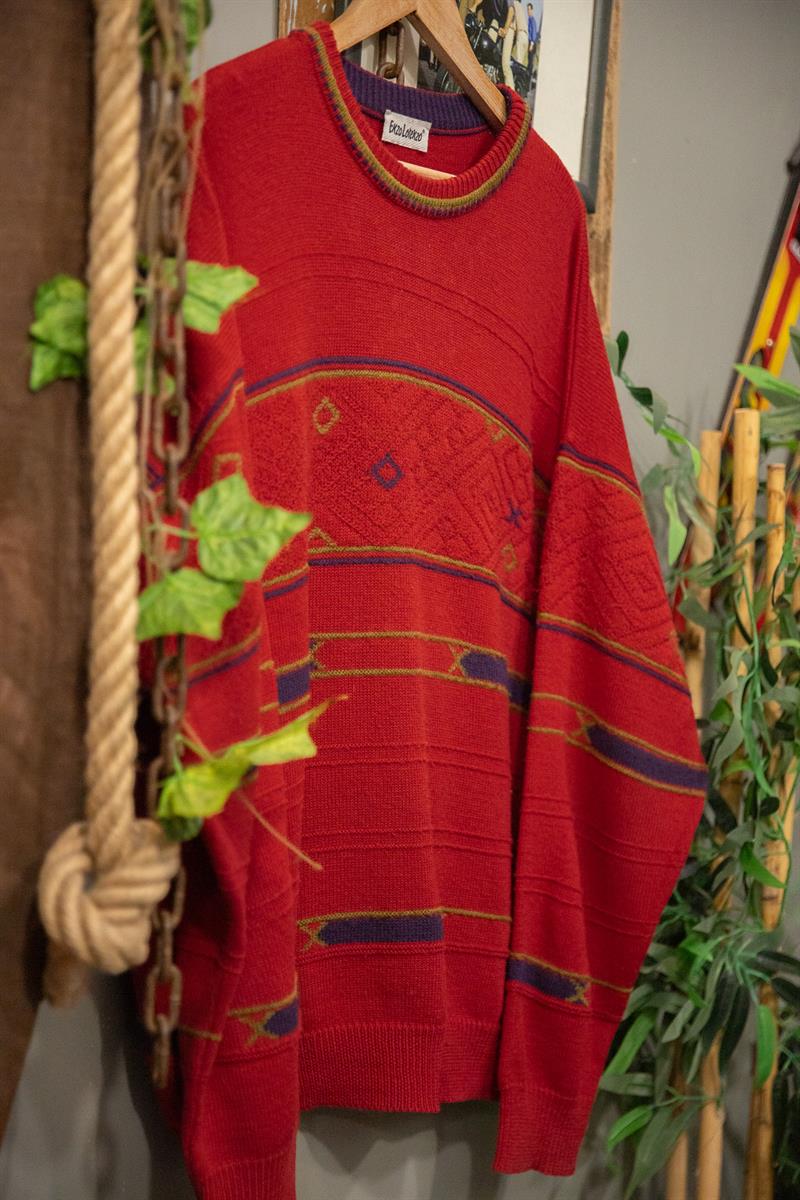 90s Red Tribal Sweater-Kazak