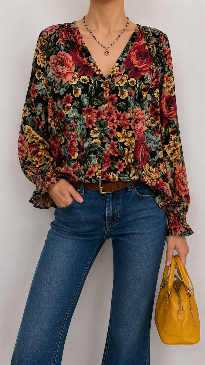 90s Romantik Floral Bluz/Gömlek