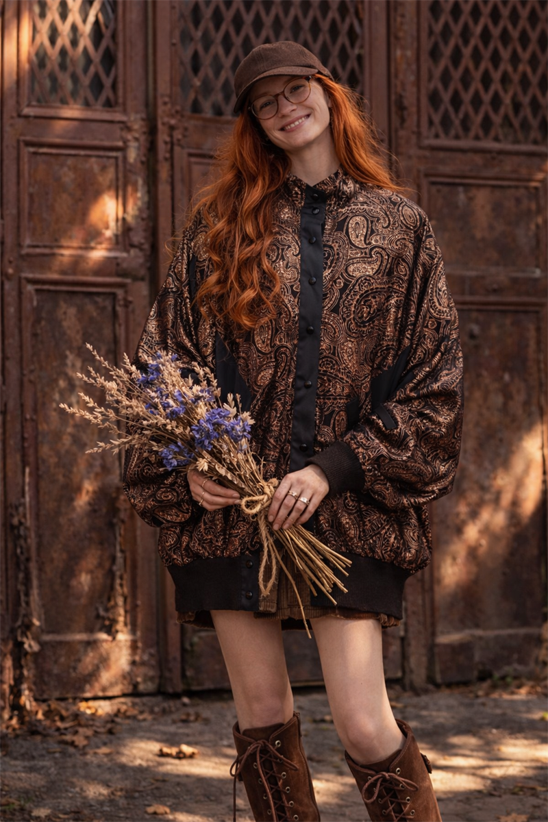 90s Shiny Paisley Saten Üst