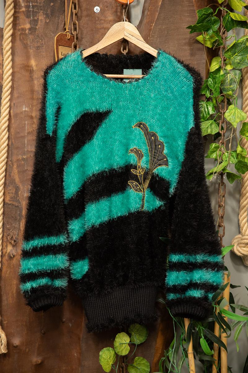 90s Turkuaz Tüylü Nakışlı Kazak