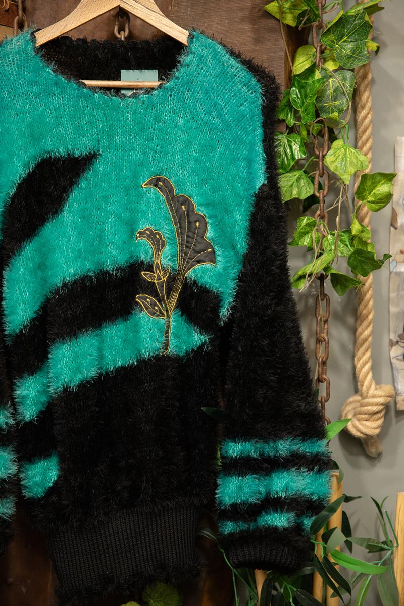 90s Turkuaz Tüylü Nakışlı Kazak