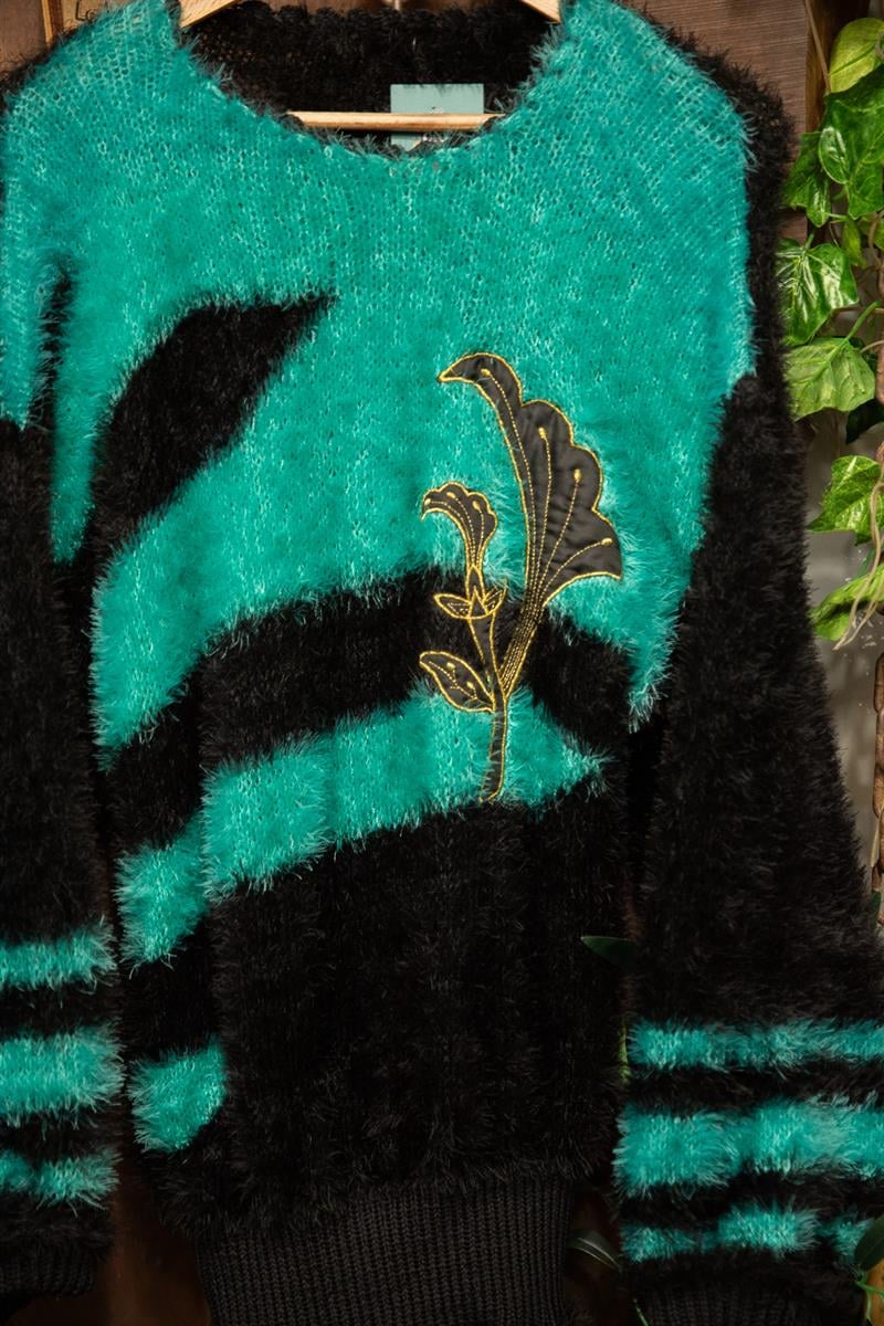 90s Turkuaz Tüylü Nakışlı Kazak