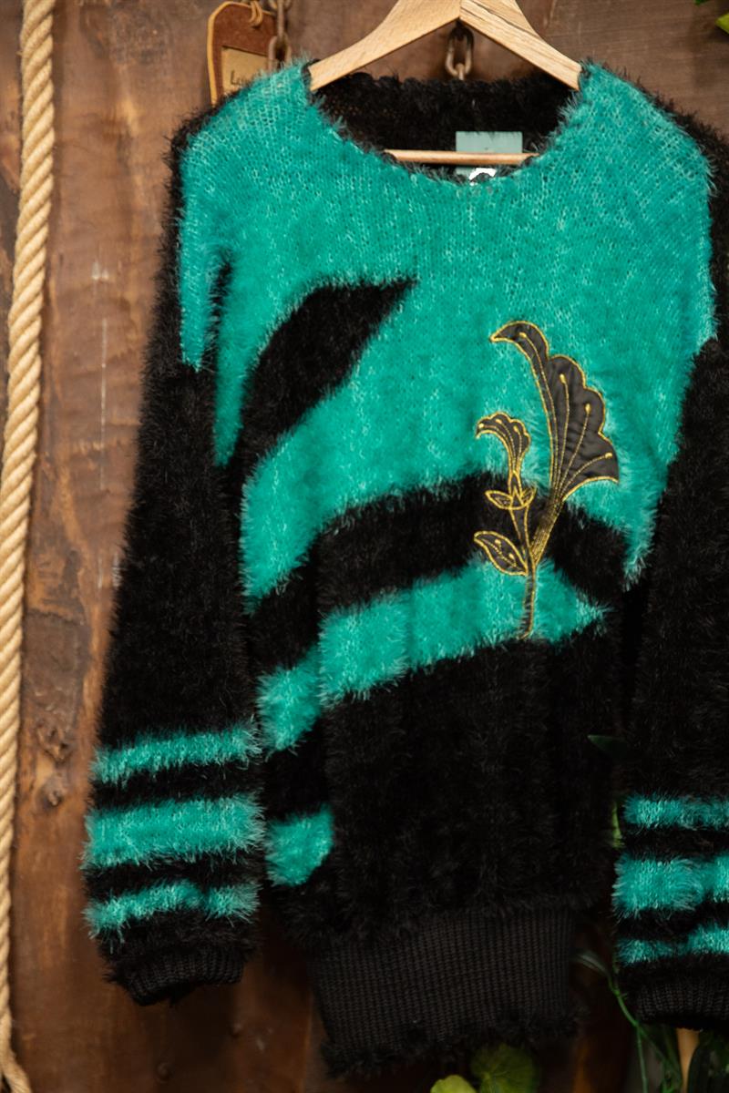 90s Turkuaz Tüylü Nakışlı Kazak