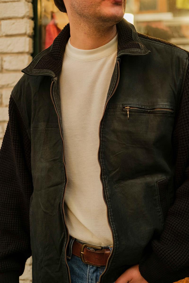 90s Vintage Örme Kol Unisex Deri Ceket
