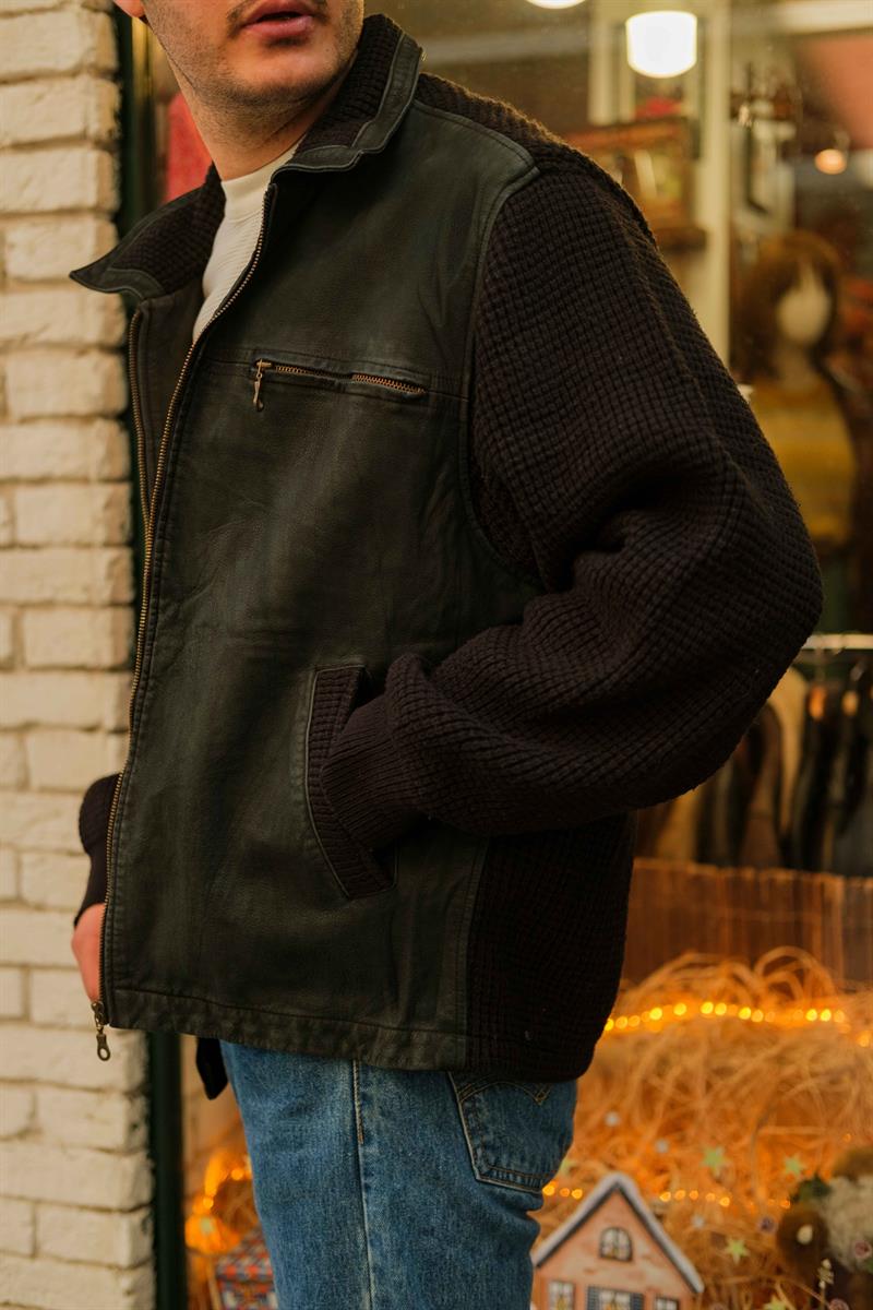 90s Vintage Örme Kol Unisex Deri Ceket