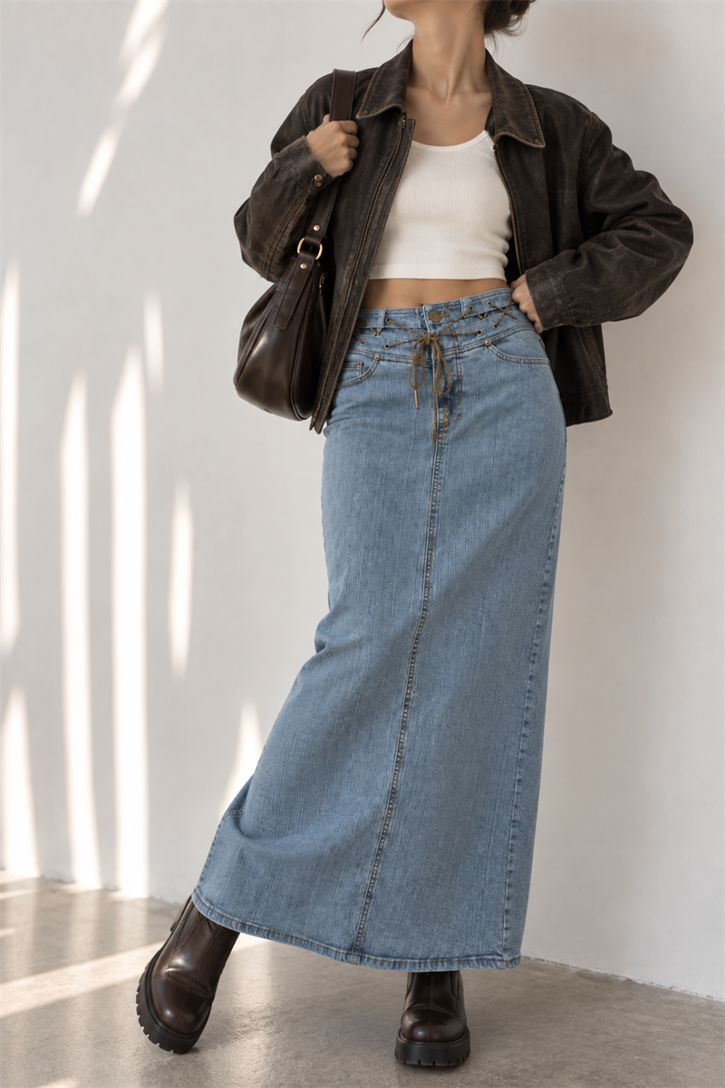 90s Western Bağcıklı Kot Etek
