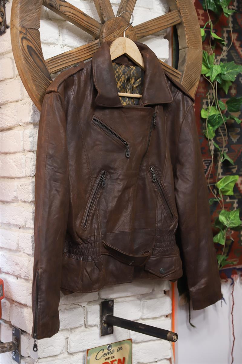 Acı Kahve Kemerli Biker Deri Ceket
