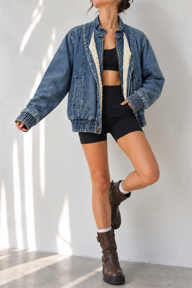 Acid Wash İçi Kürklü Bomber Kot Ceket