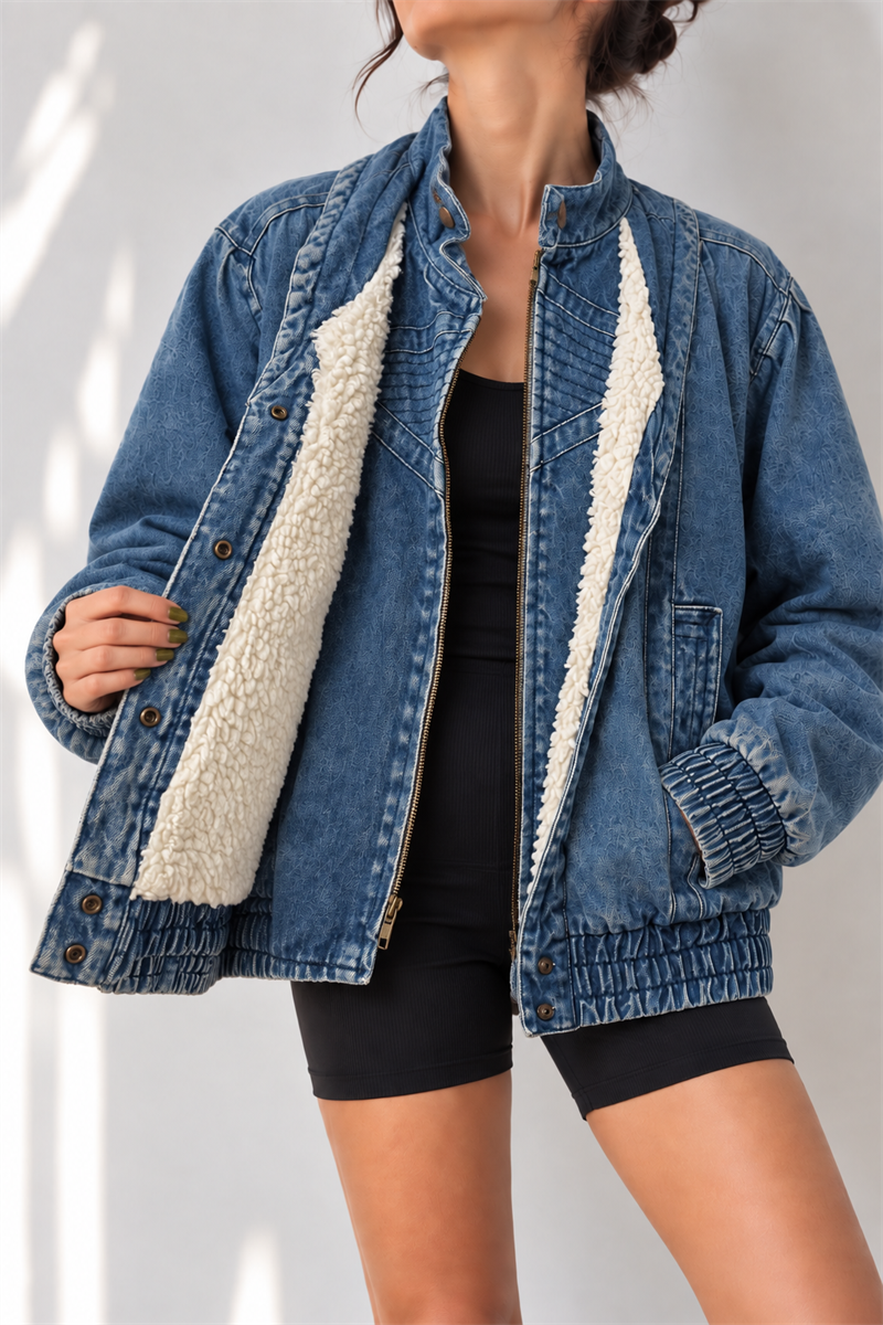Acid Wash İçi Kürklü Bomber Kot Ceket