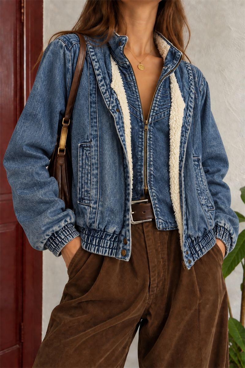 Acid Wash İçi Kürklü Bomber Kot Ceket