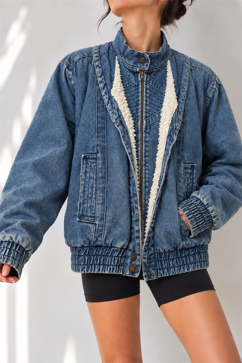 Acid Wash İçi Kürklü Bomber Kot Ceket