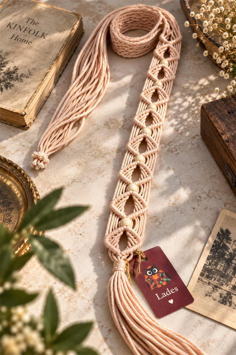 Ahşap Boncuklu Boho Örgü Kemer