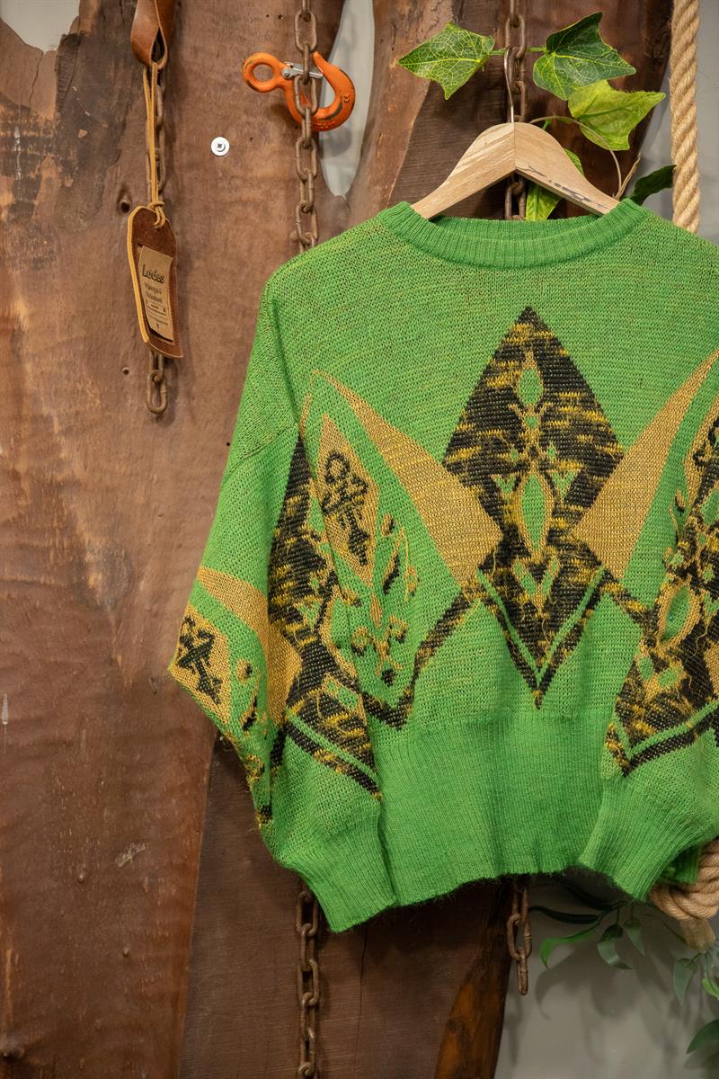 Altın İşlemeli Yeşil Wool Kazak
