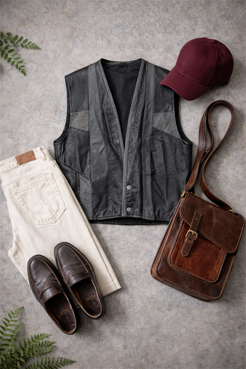 Biker Moto Black&Gray Deri Yelek