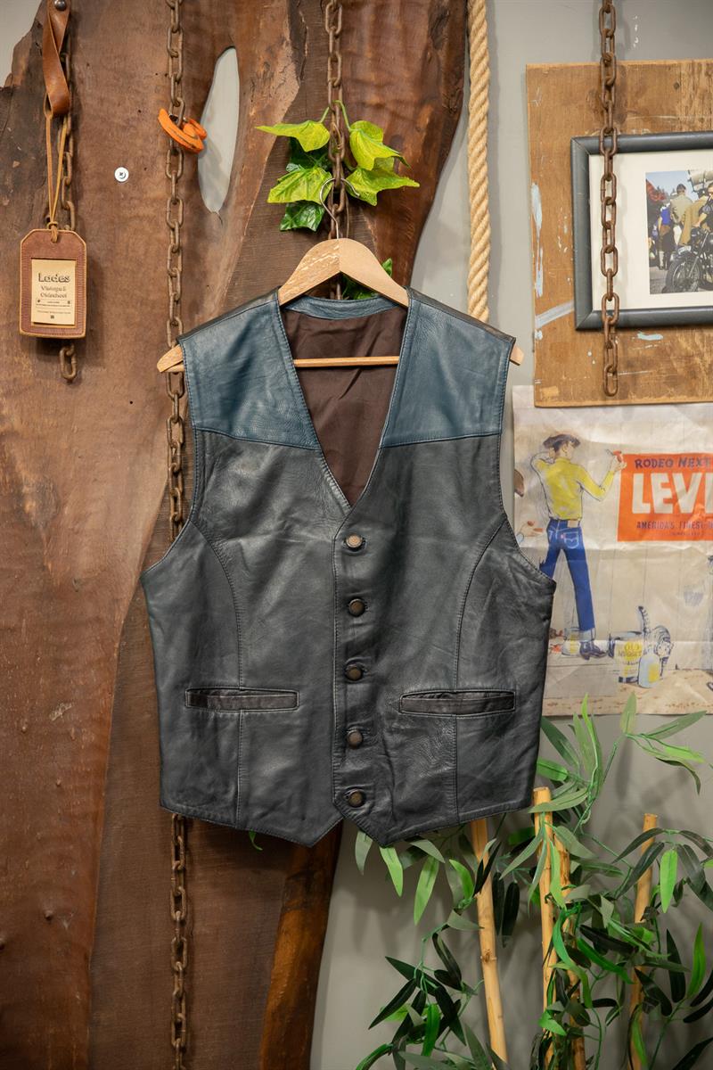 Biker Navy Deri Yelek