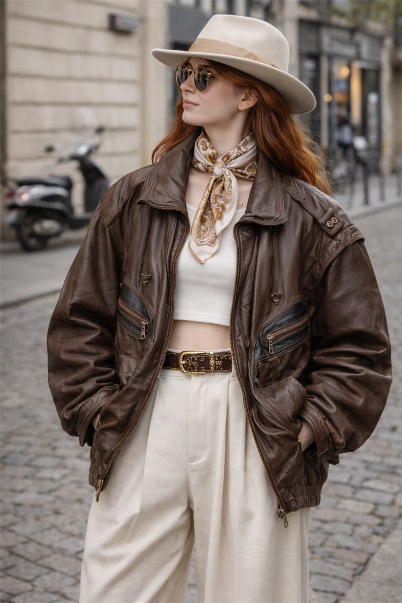 Brown 90s Classic Bomber Deri Ceket