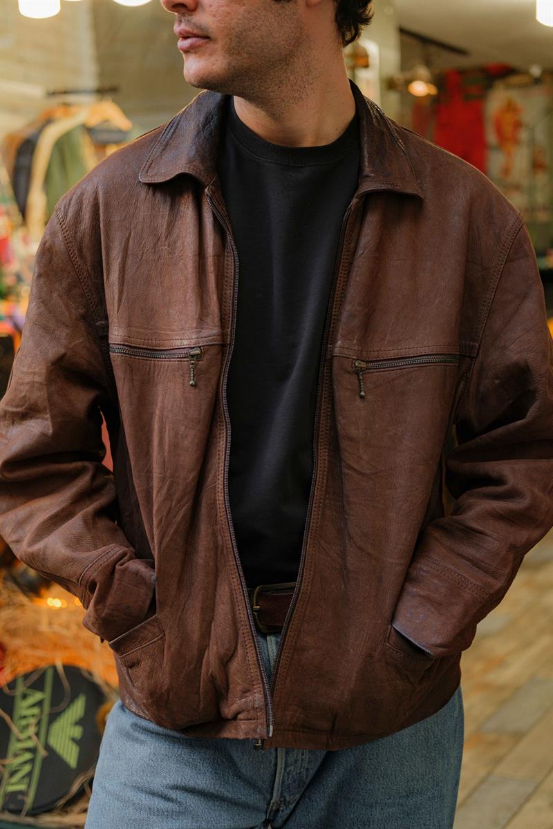 Brown Biker Vintage Unisex Deri Ceket