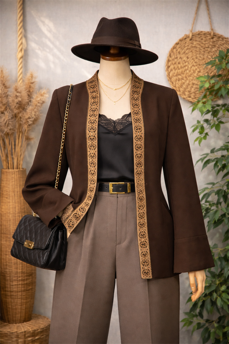 Brown Boho Yaka Detay 90s Ceket