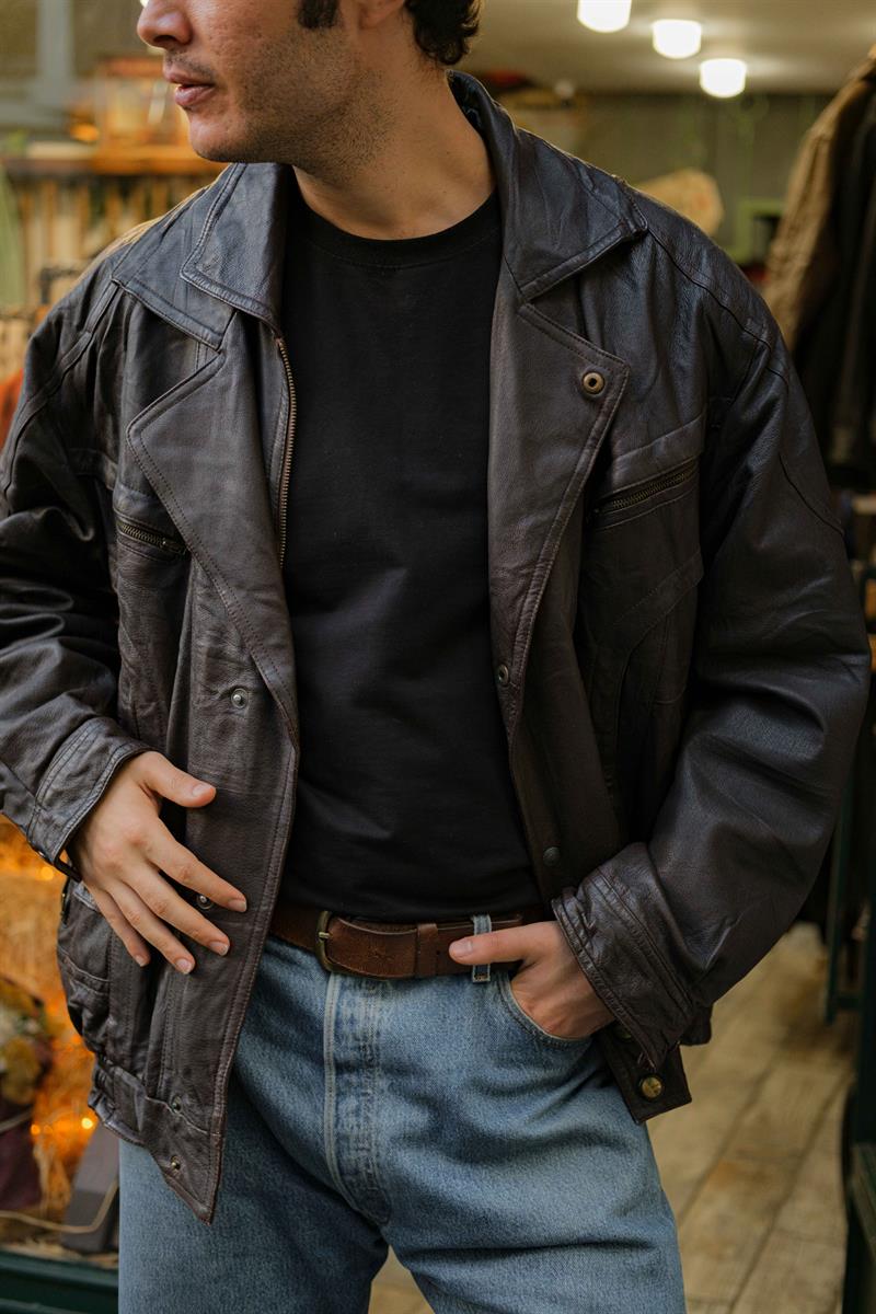 Brown Bomber Vintage Unisex Deri Ceket