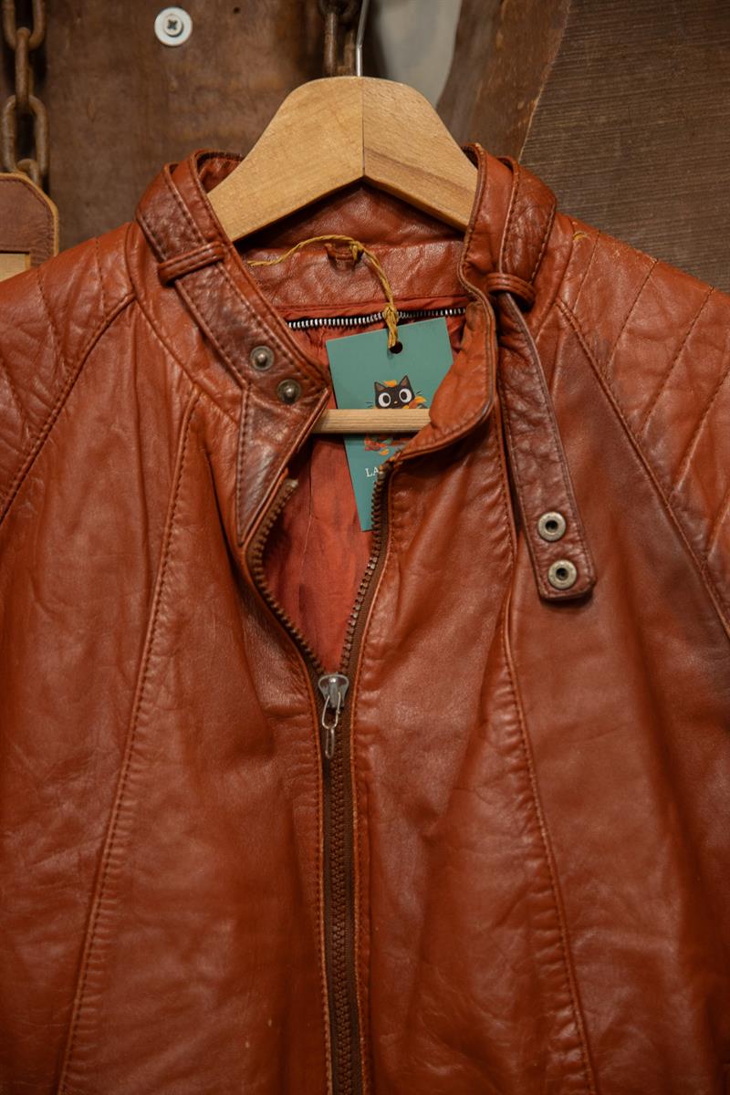 Brown Cognac Moto Classic Deri Ceket