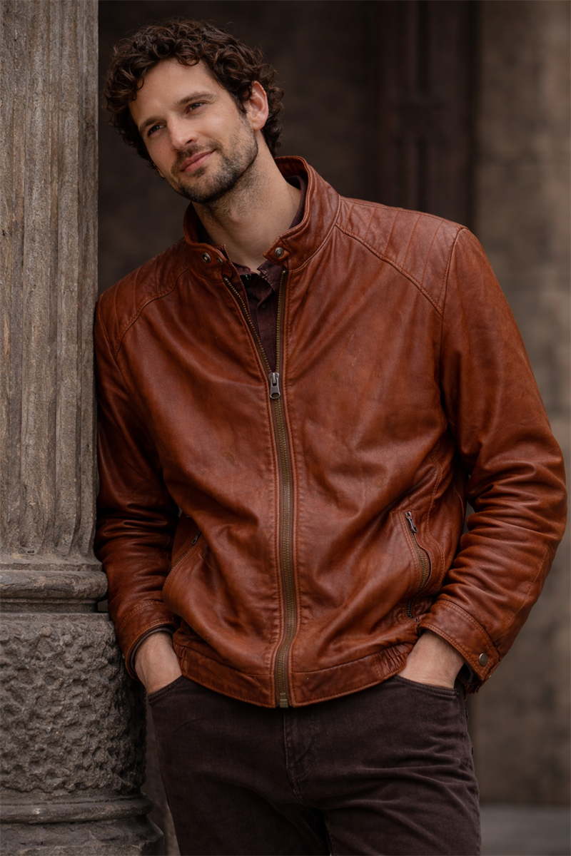 Brown Cognac Moto Classic Deri Ceket