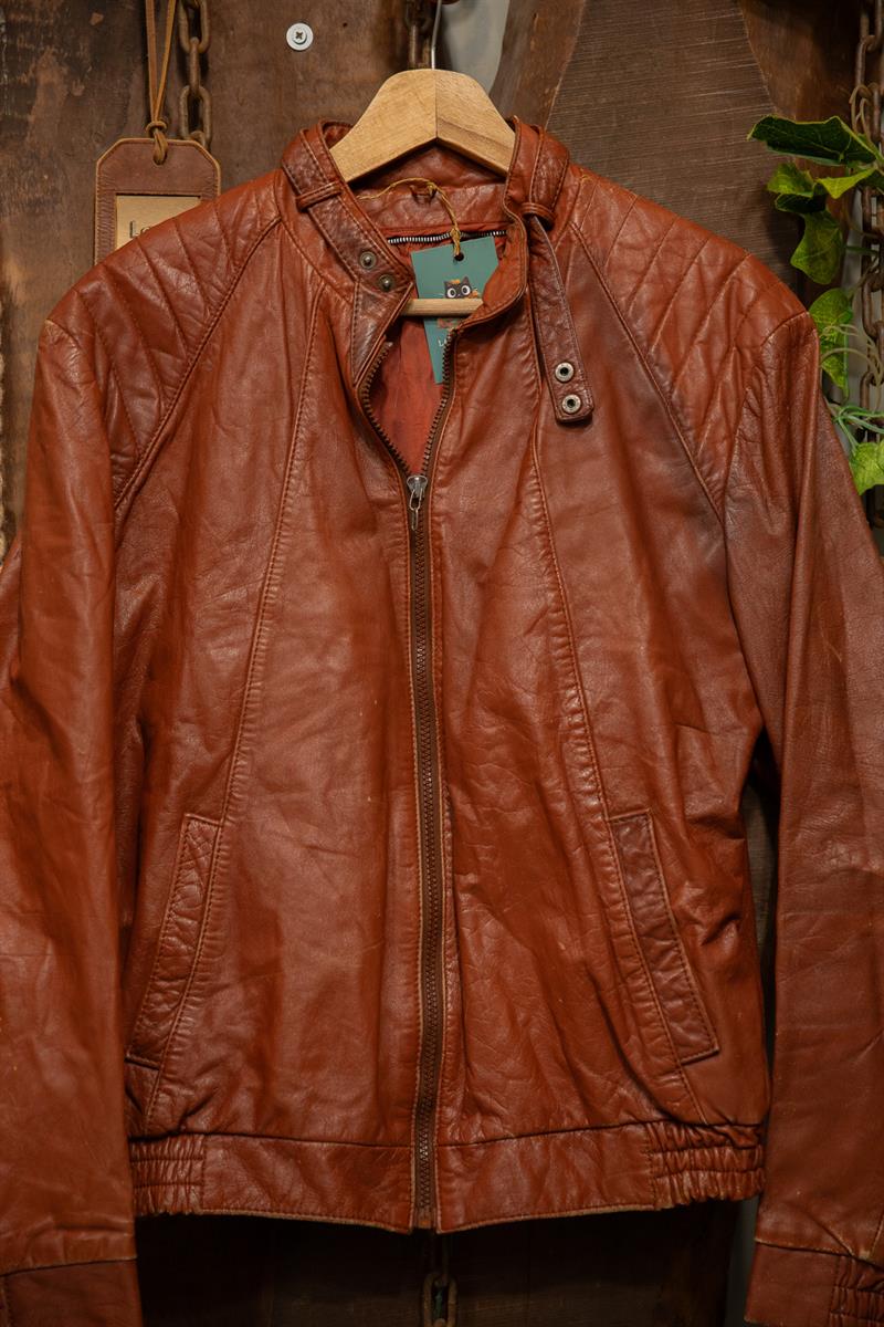 Brown Cognac Moto Classic Deri Ceket