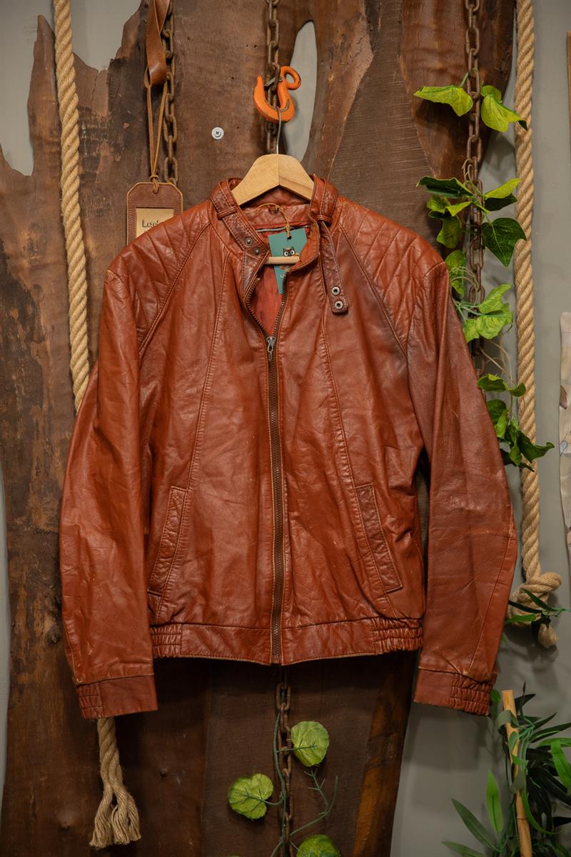 Brown Cognac Moto Classic Deri Ceket