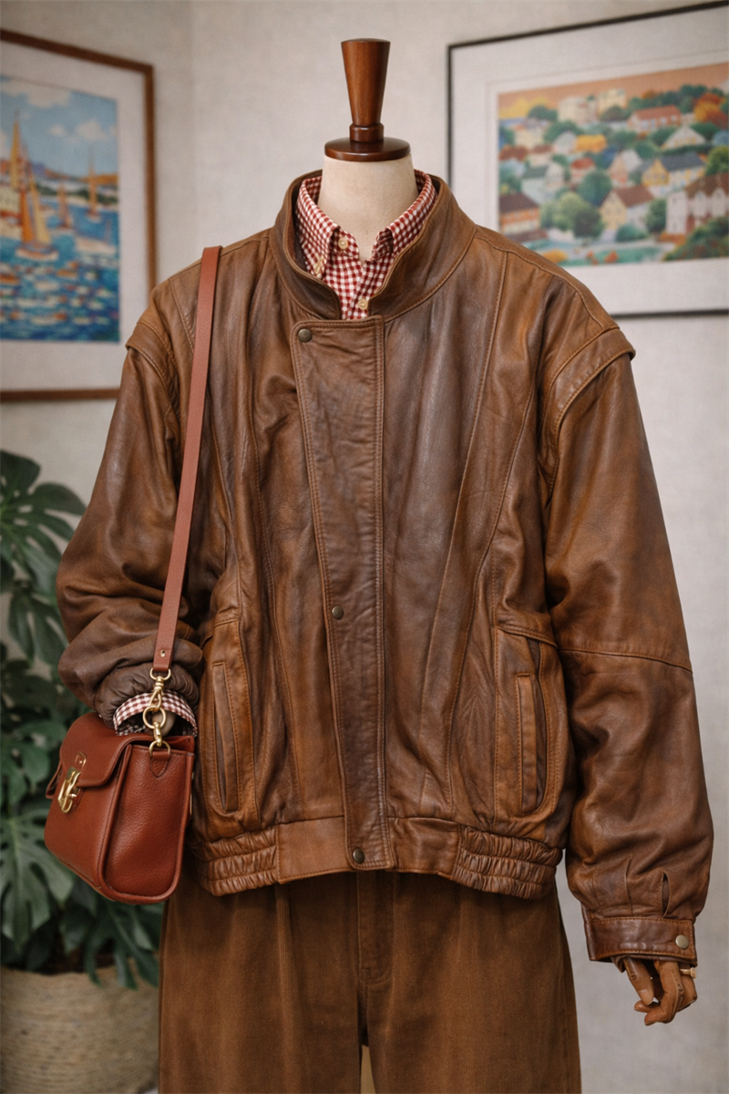 Brown Oversize Bomber Deri Ceket