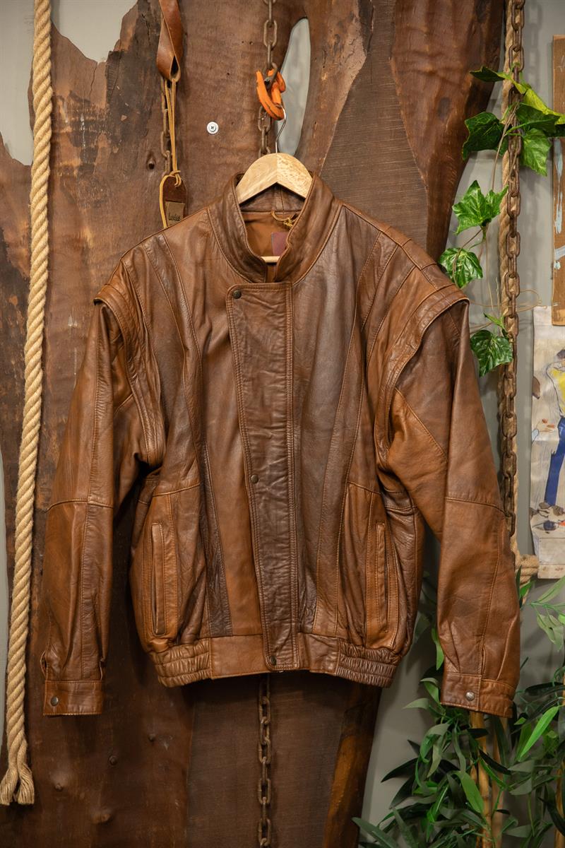 Brown Oversize Bomber Deri Ceket