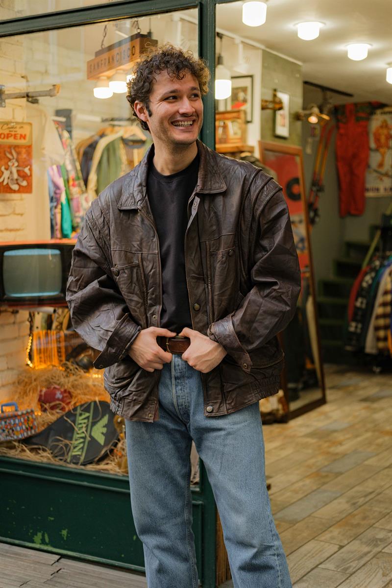 Brown Vintage Bomber Unisex Deri Ceket