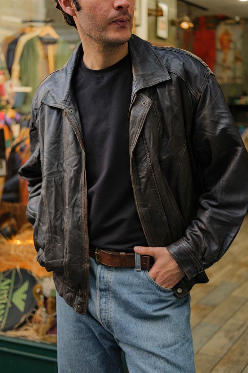 Brown Vintage Bomber Unisex Deri Ceket