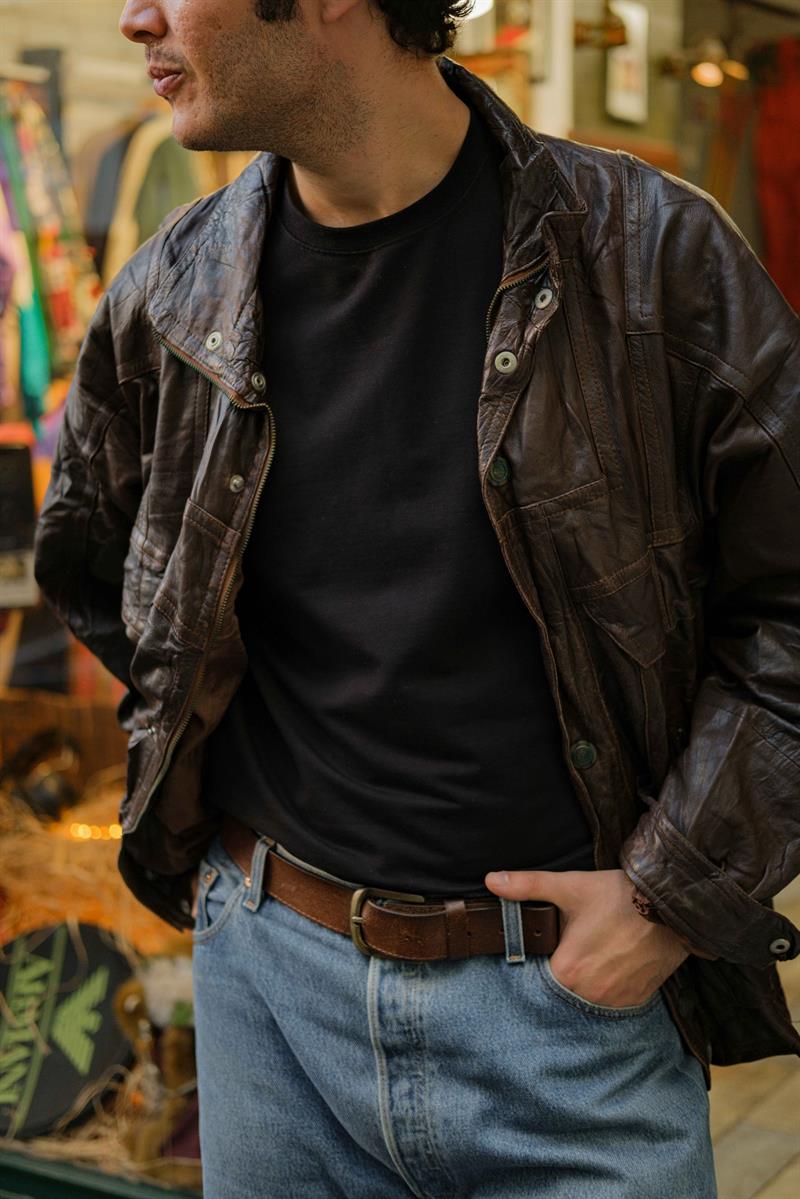 Brown Vintage Bomber Unisex Deri Ceket