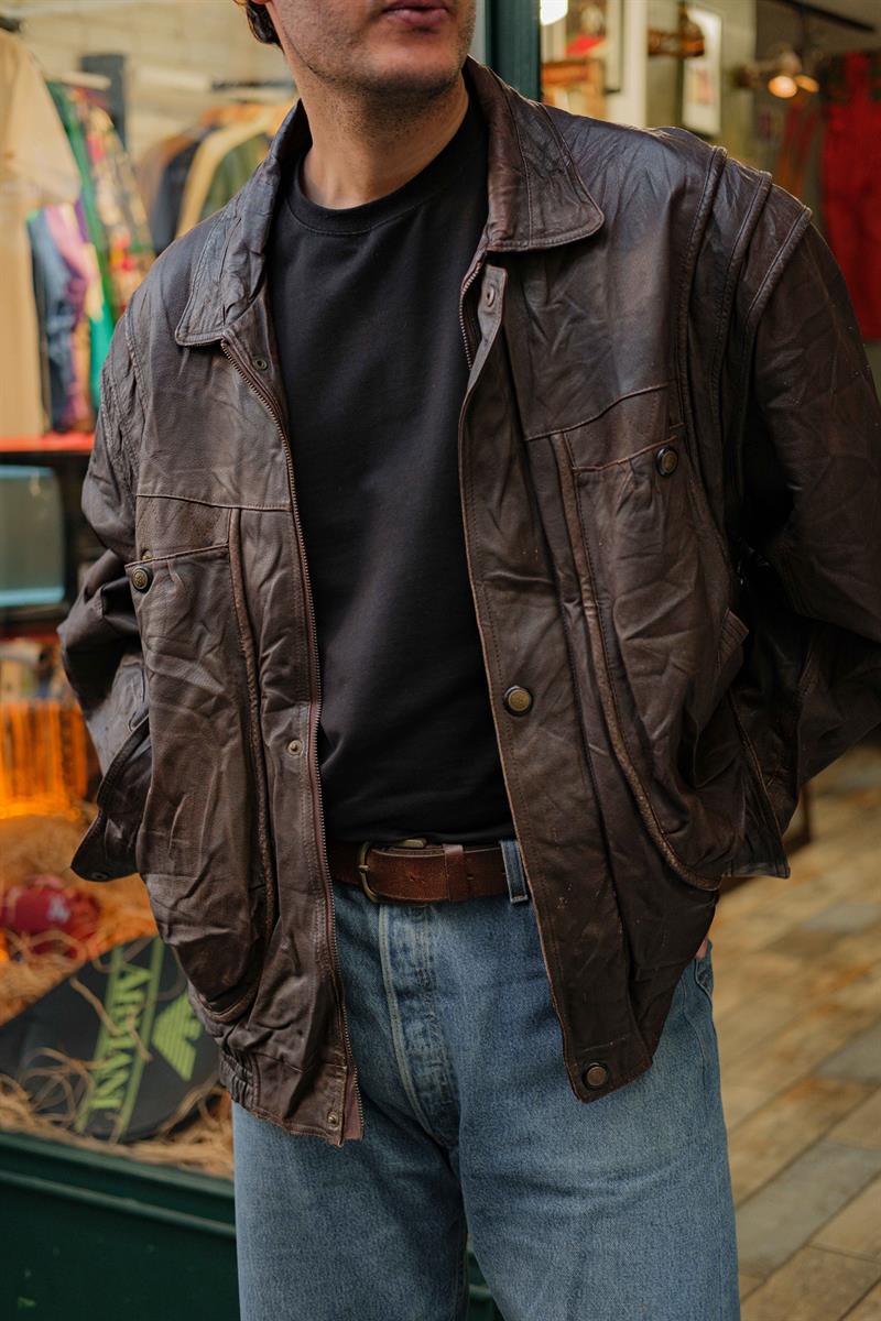 Brown Vintage Bomber Unisex Deri Ceket
