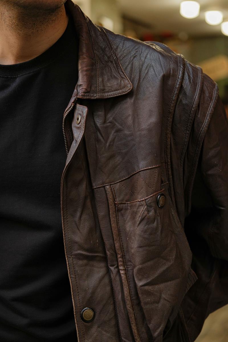 Brown Vintage Bomber Unisex Deri Ceket