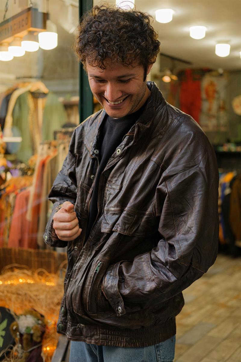 Brown Vintage Bomber Unisex Deri Ceket