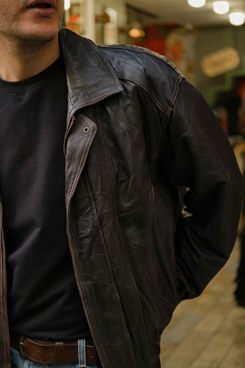 Brown Vintage Bomber Unisex Deri Ceket