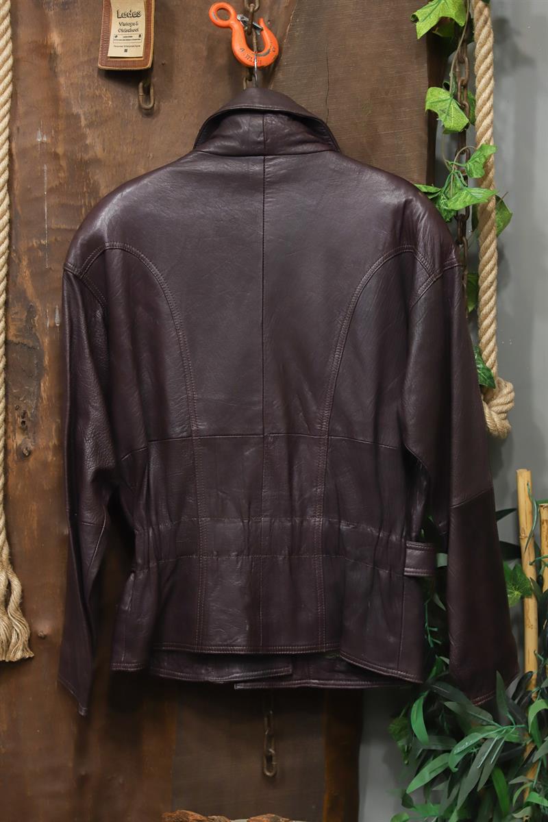 Burgundy Kemerli Biker Deri Ceket