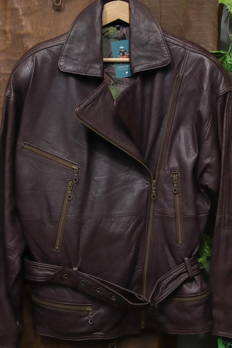Burgundy Kemerli Biker Deri Ceket