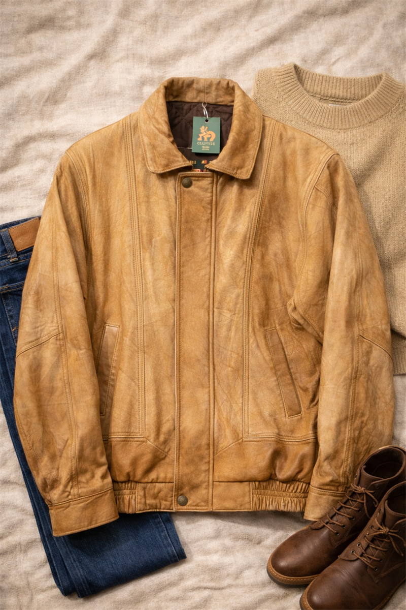 Camel Patina Bomber Deri Ceket