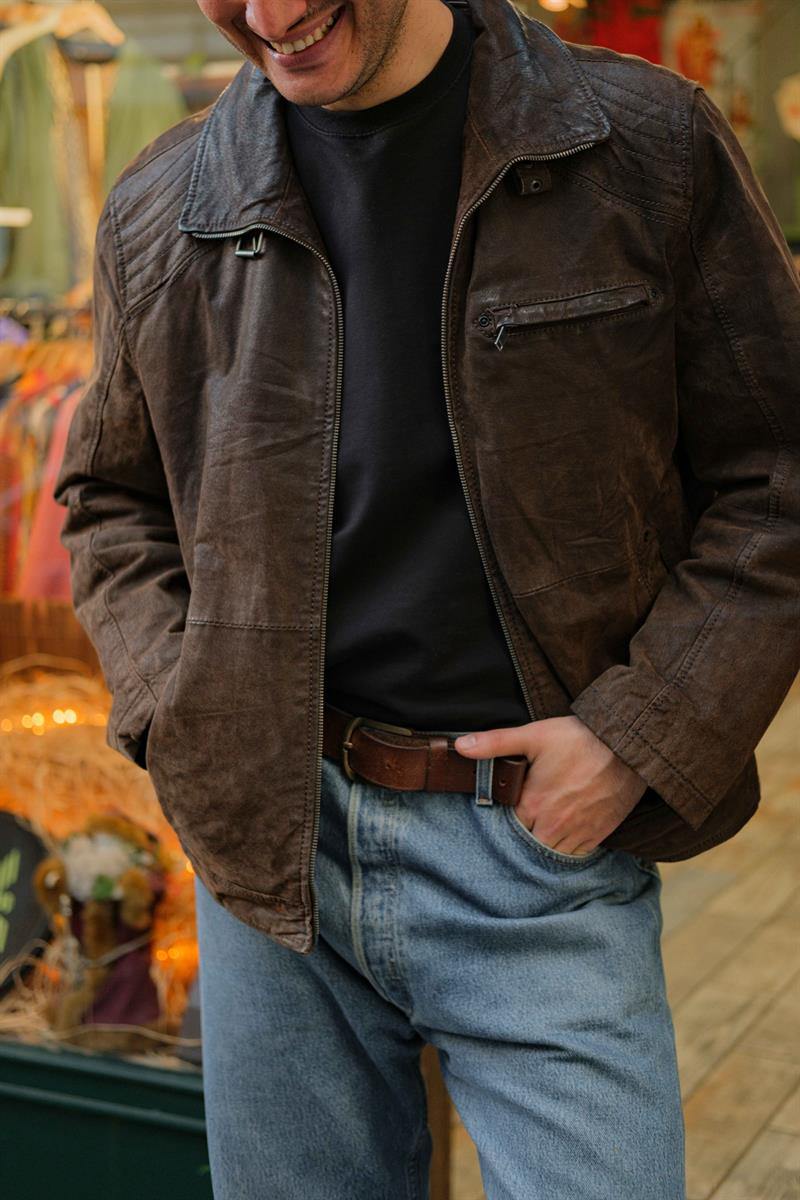 CANDA Biker Kahve Vintage Unisex Deri Ceket