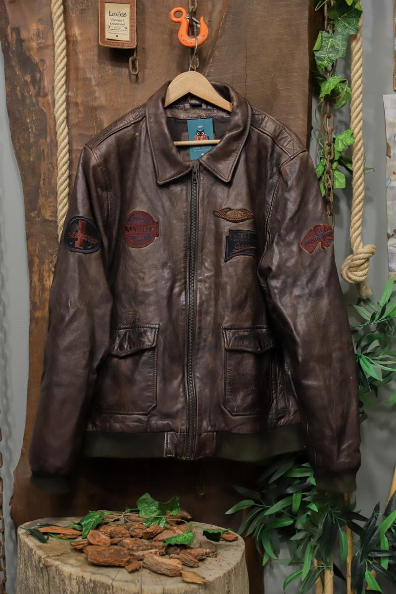 Classic Acı Kahve 90s Patched Deri Ceket