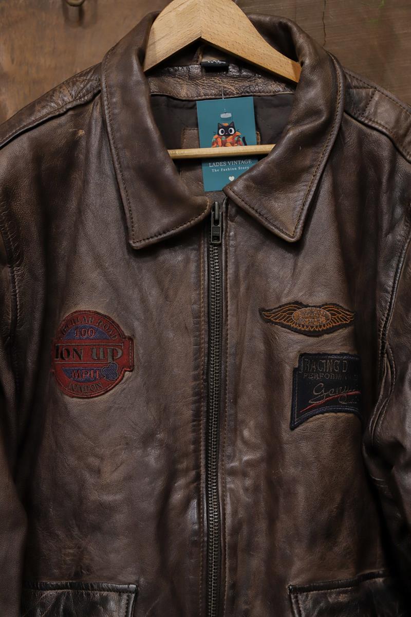 Classic Acı Kahve 90s Patched Deri Ceket