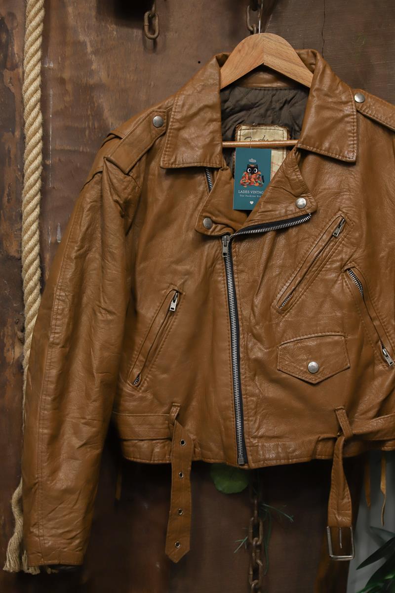 Cowboy Biker Bağcıklı Deri Ceket