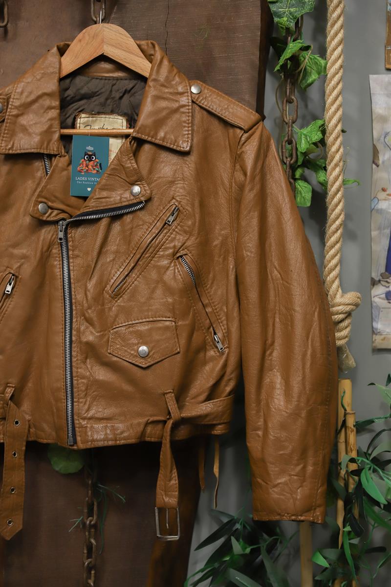Cowboy Biker Bağcıklı Deri Ceket