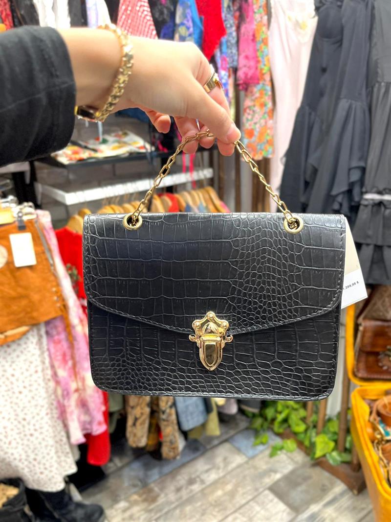 Croco Siyah Çanta Gold Zincirli Vintage
