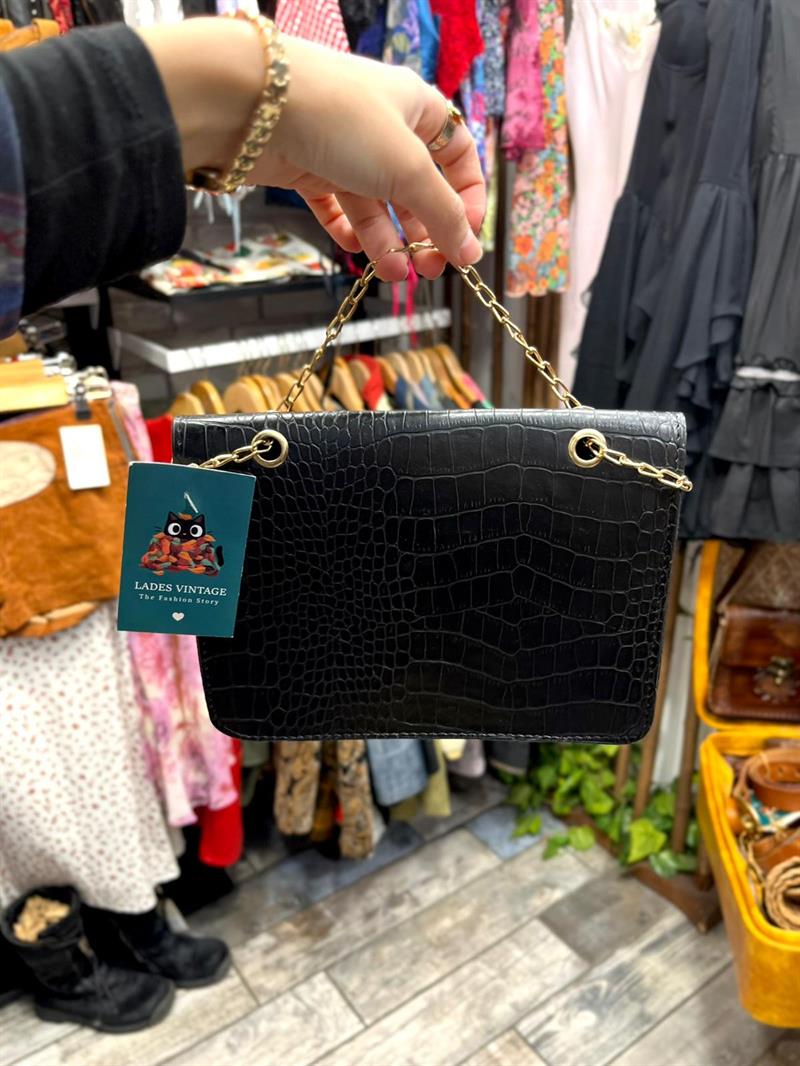Croco Siyah Çanta Gold Zincirli Vintage